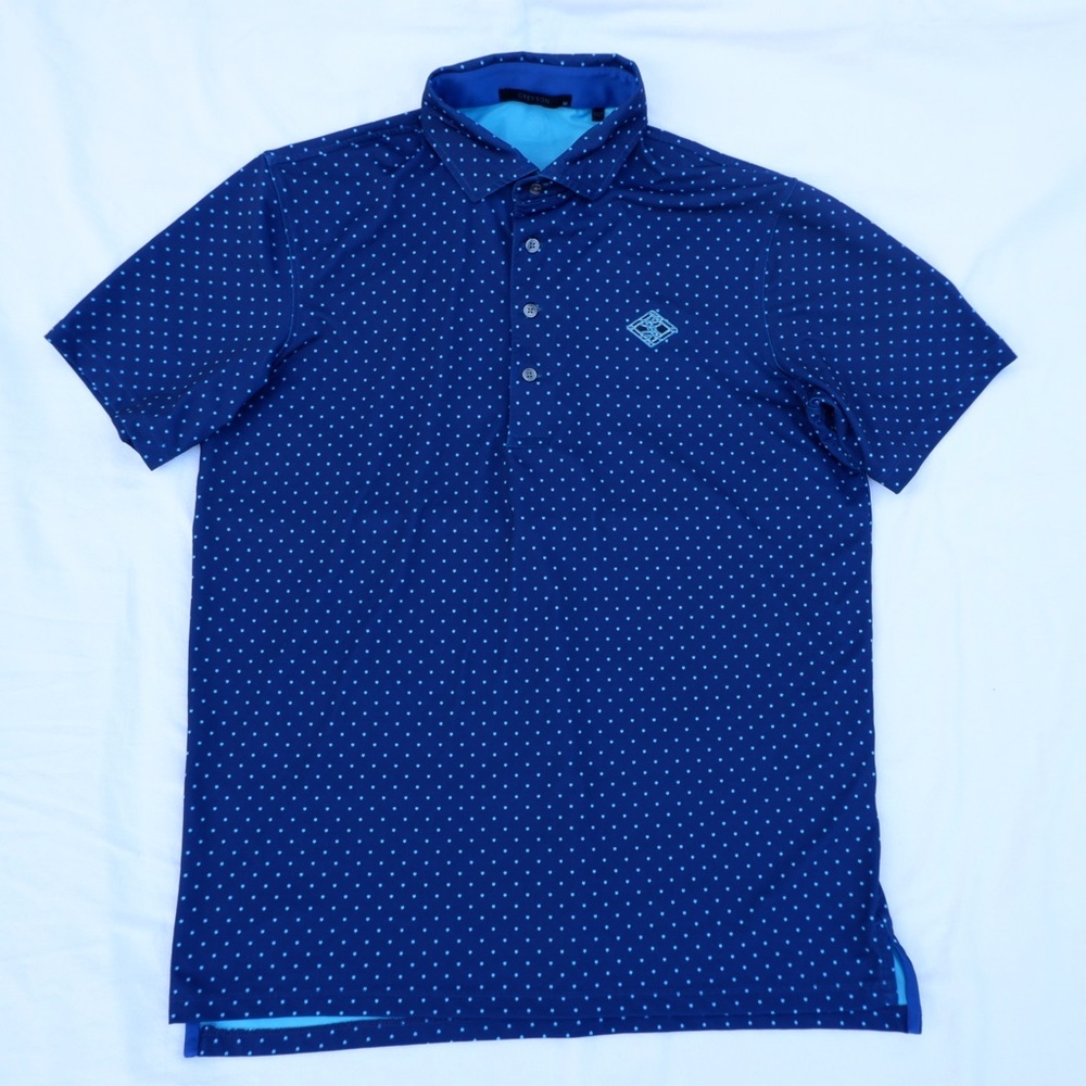 Greyson Golf Polo Shirt Mens Medium Perfomance Blue Wolf All Over Print Outdoor